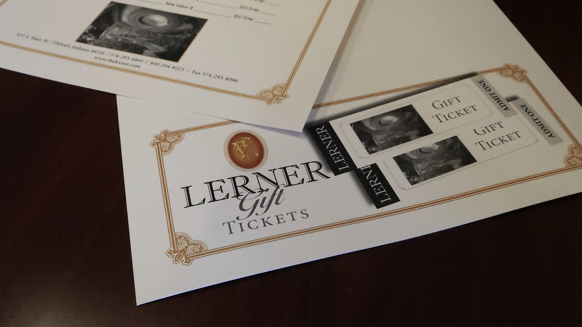 A photo of a printed Lerner Theatre Gift Certificate