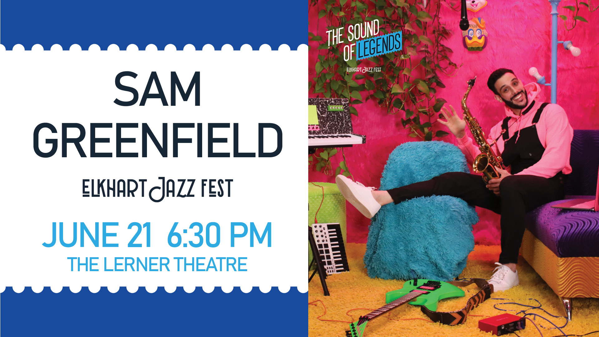 Event banner for 2025 Elkhart Jazz Festival Sam Greenfield