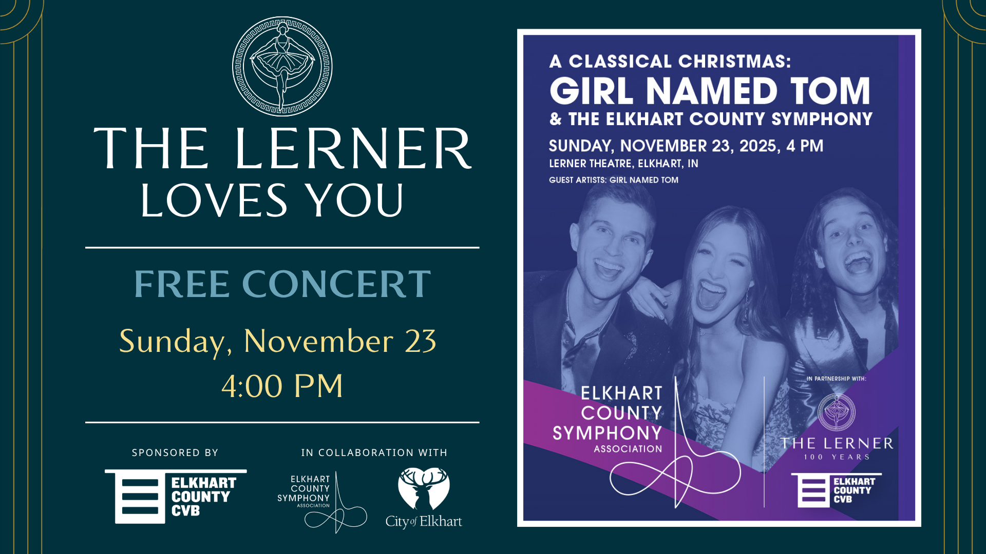 Event banner for A Classical Christmas: Girl Named Tom & The Elkhart County Symphony