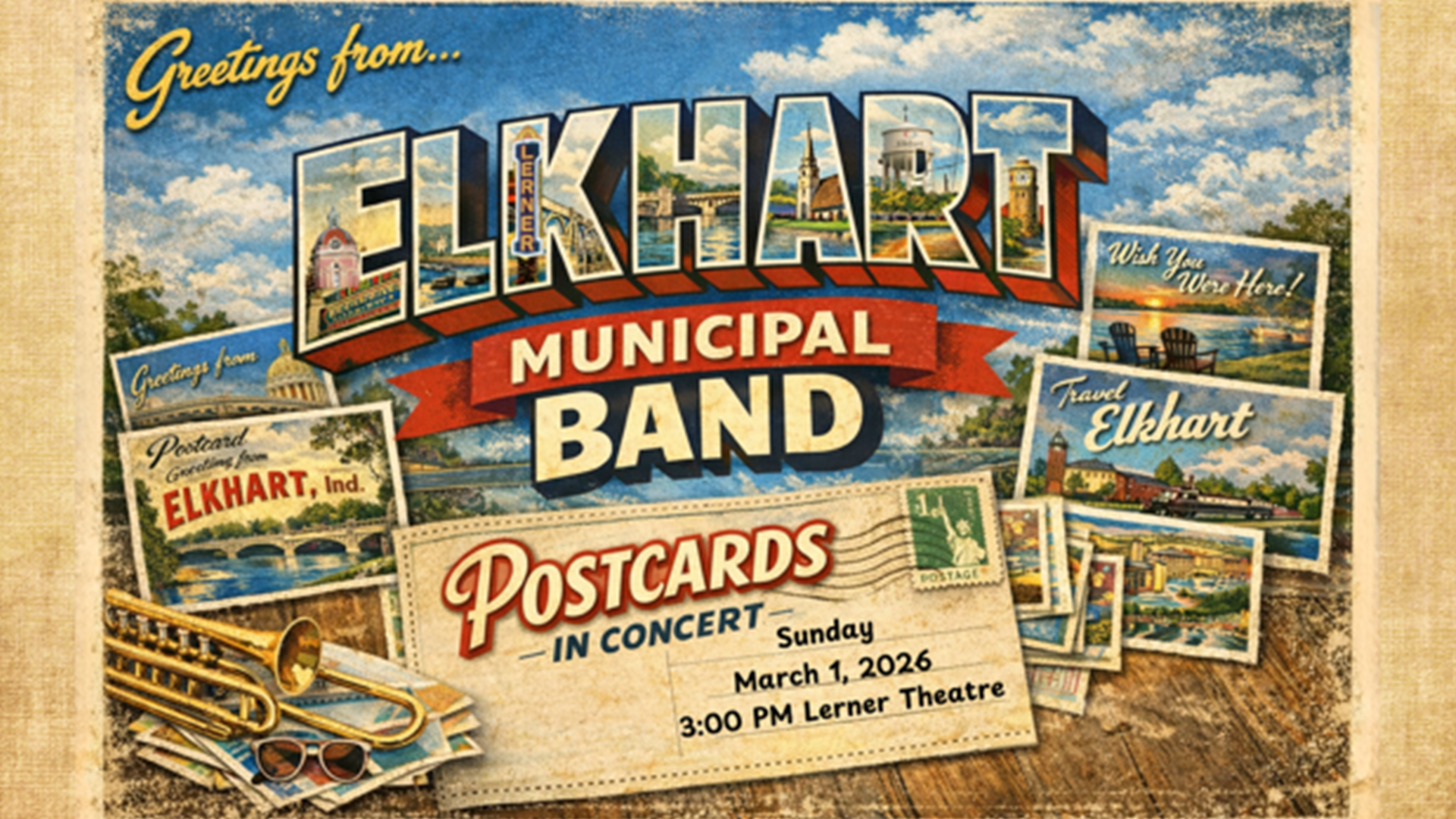 Event banner for Elkhart Municipal Band "Postcards"