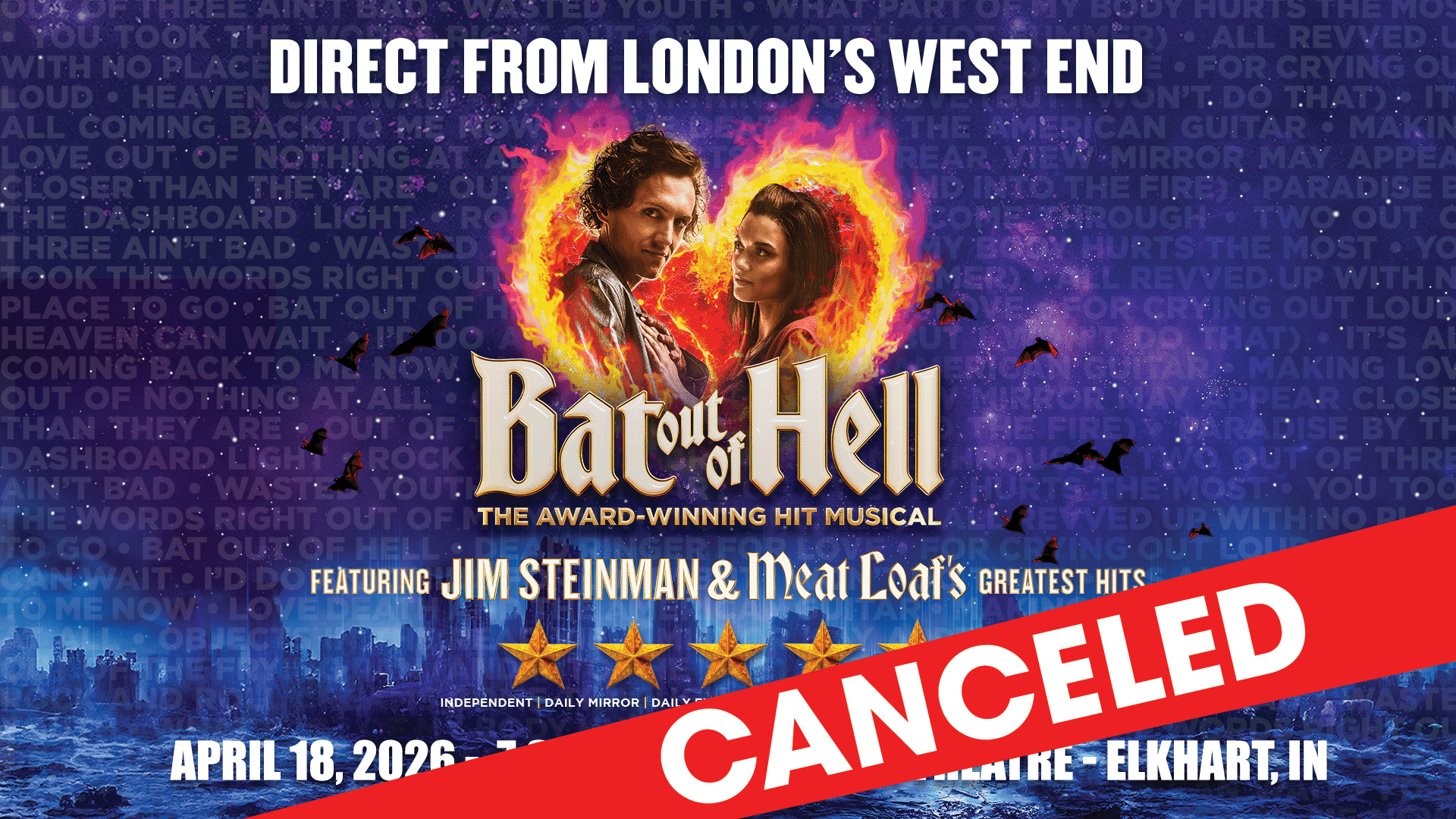 Cancelation event banner for Bat Out of Hell: The Musical