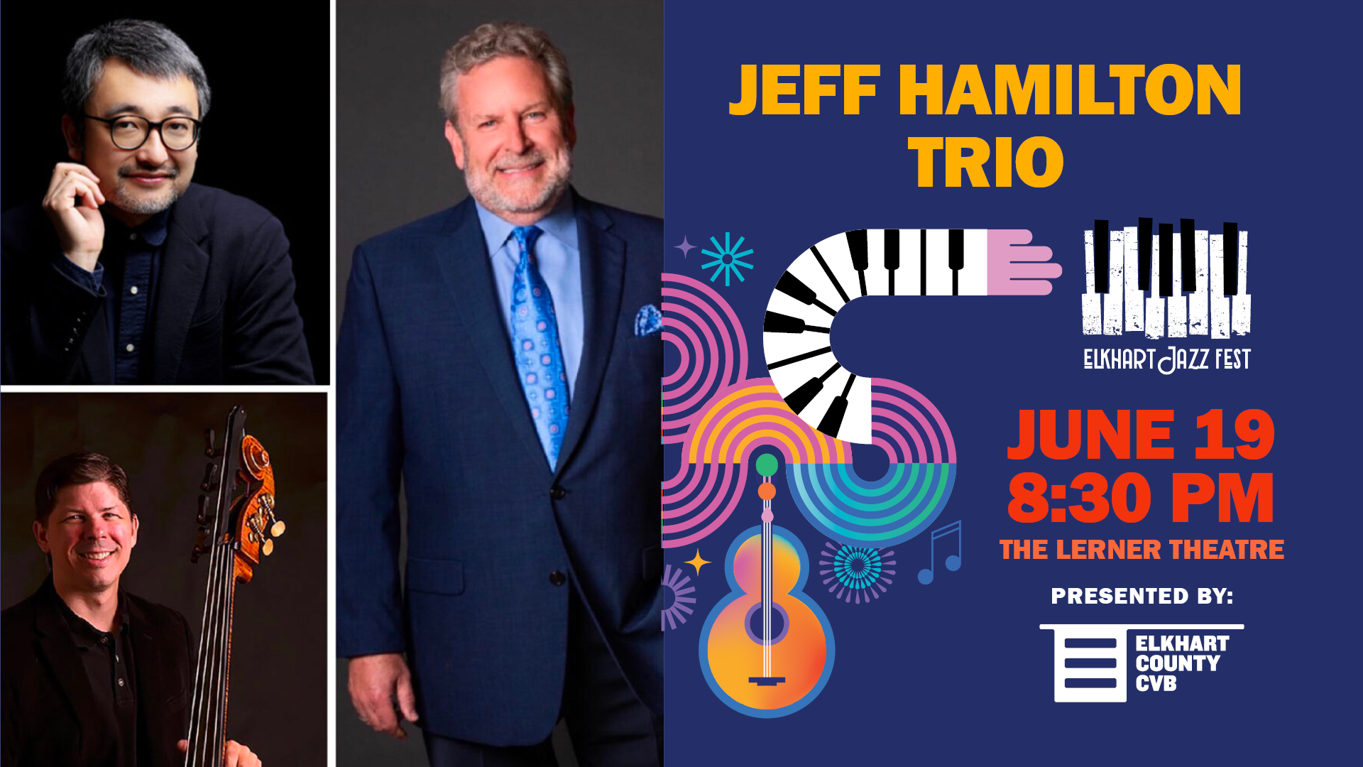 Event banner for 2026 Elkhart Jazz Festival: Jeff Hamilton Trio