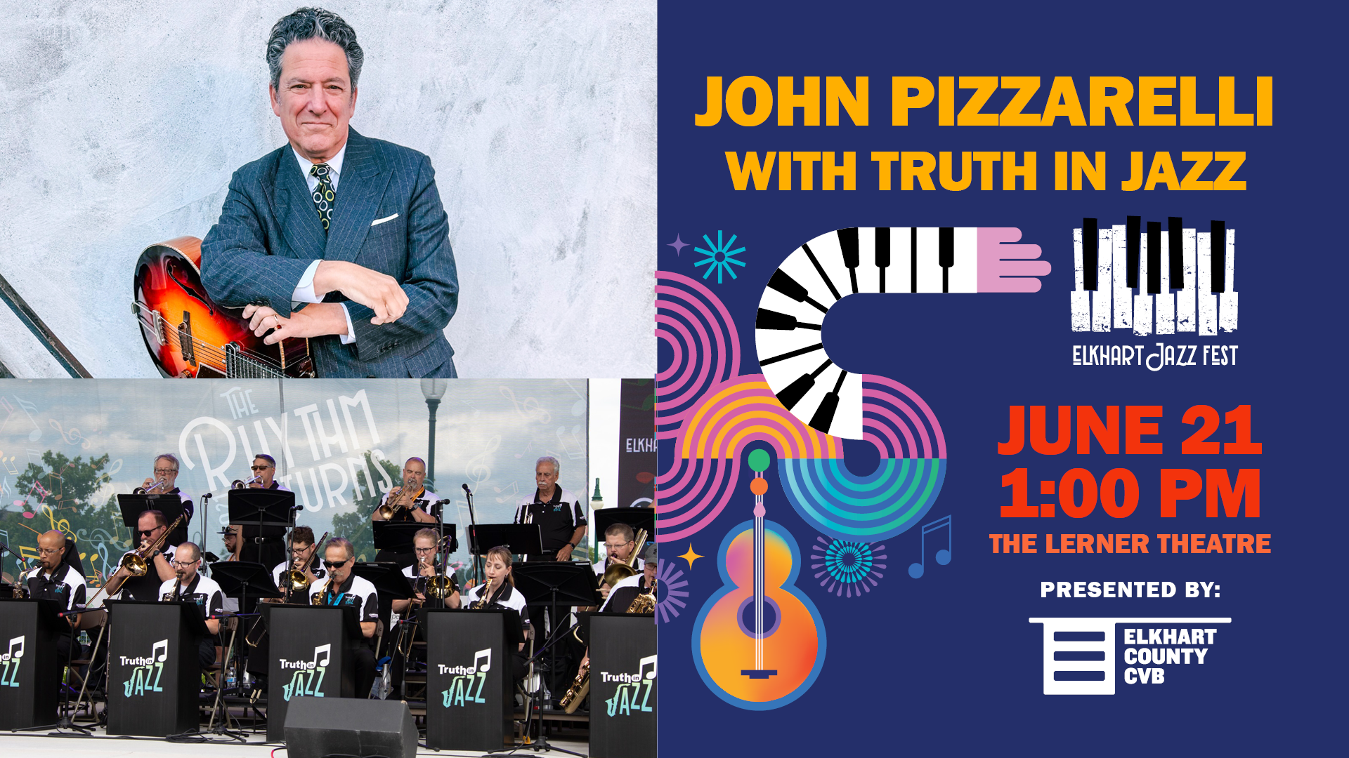 Event banner for 2026 Elkhart Jazz Festival: John Pizzarelli with Truth in Jazz
