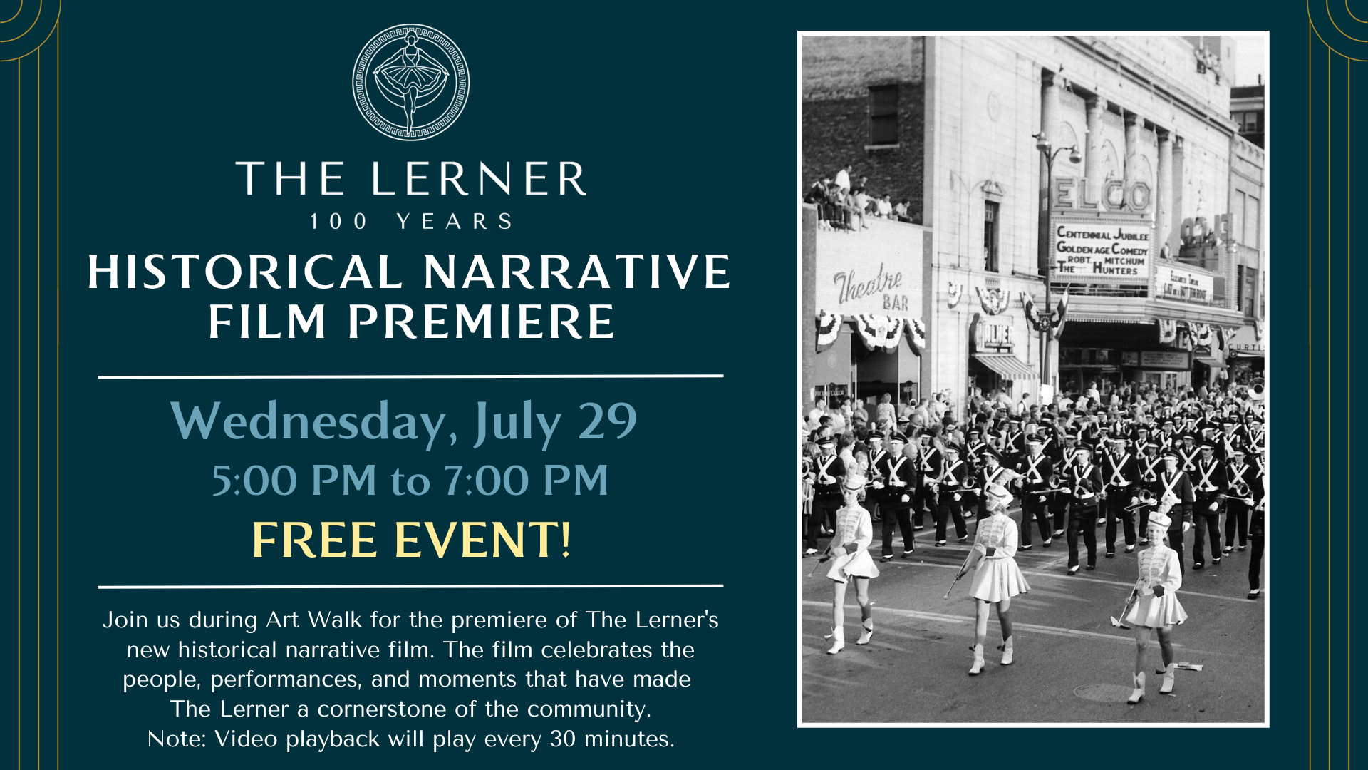 Event banner for The Lerner Theatre: Historical Narrative Film Premiere